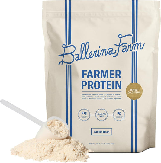 Grass Fed Whey Protein Powder,  24g Protein with Collagen Peptides, Bovine Colostrum, Hemp Hearts & Prebiotic Fiber, No Added Sugar or Artificial Ingredients